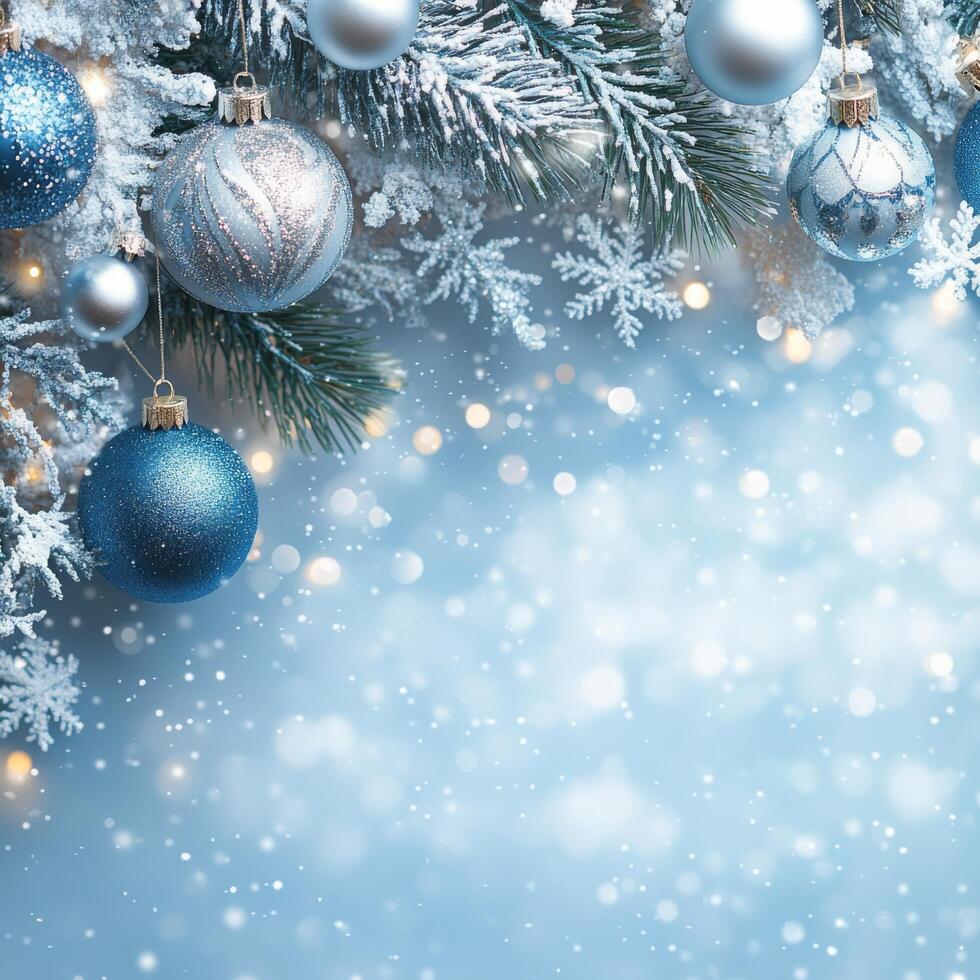 Beautiful blue and silver ornaments hanging on a Christmas tree with a winter background photo