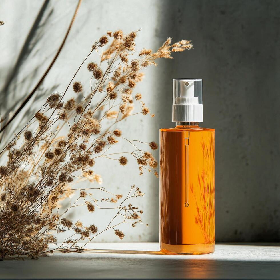 Aromatic essential oil bottle placed on a textured gray surface with dried plants and a dish photo