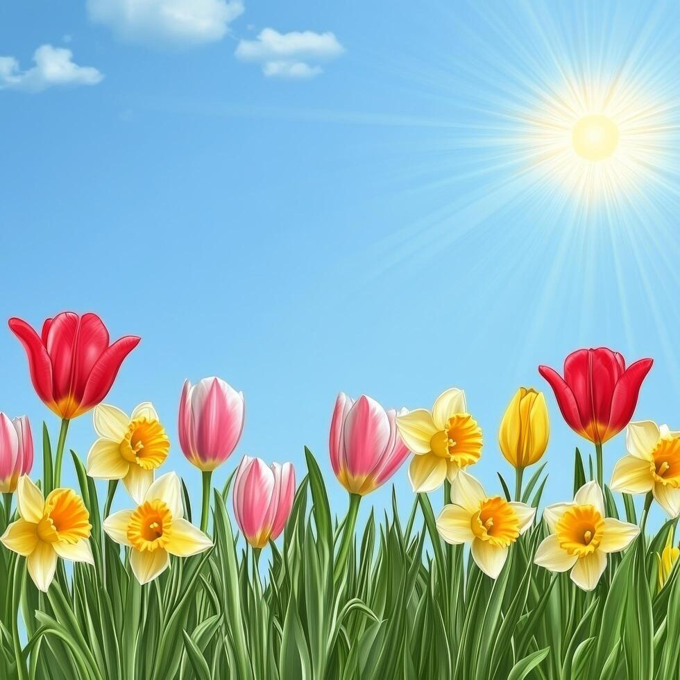 Bright spring flowers bloom under the clear blue sky during a sunny day in a garden photo