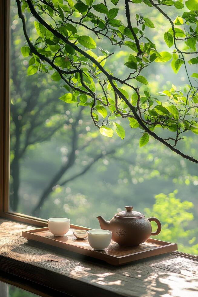 Tea set on a wooden table by a window surrounded by greenery in a tranquil setting photo