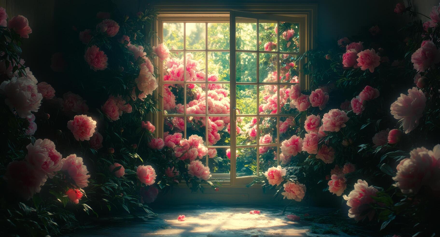 Sunlight streaming through a window surrounded by blooming peonies in a lush garden setting photo