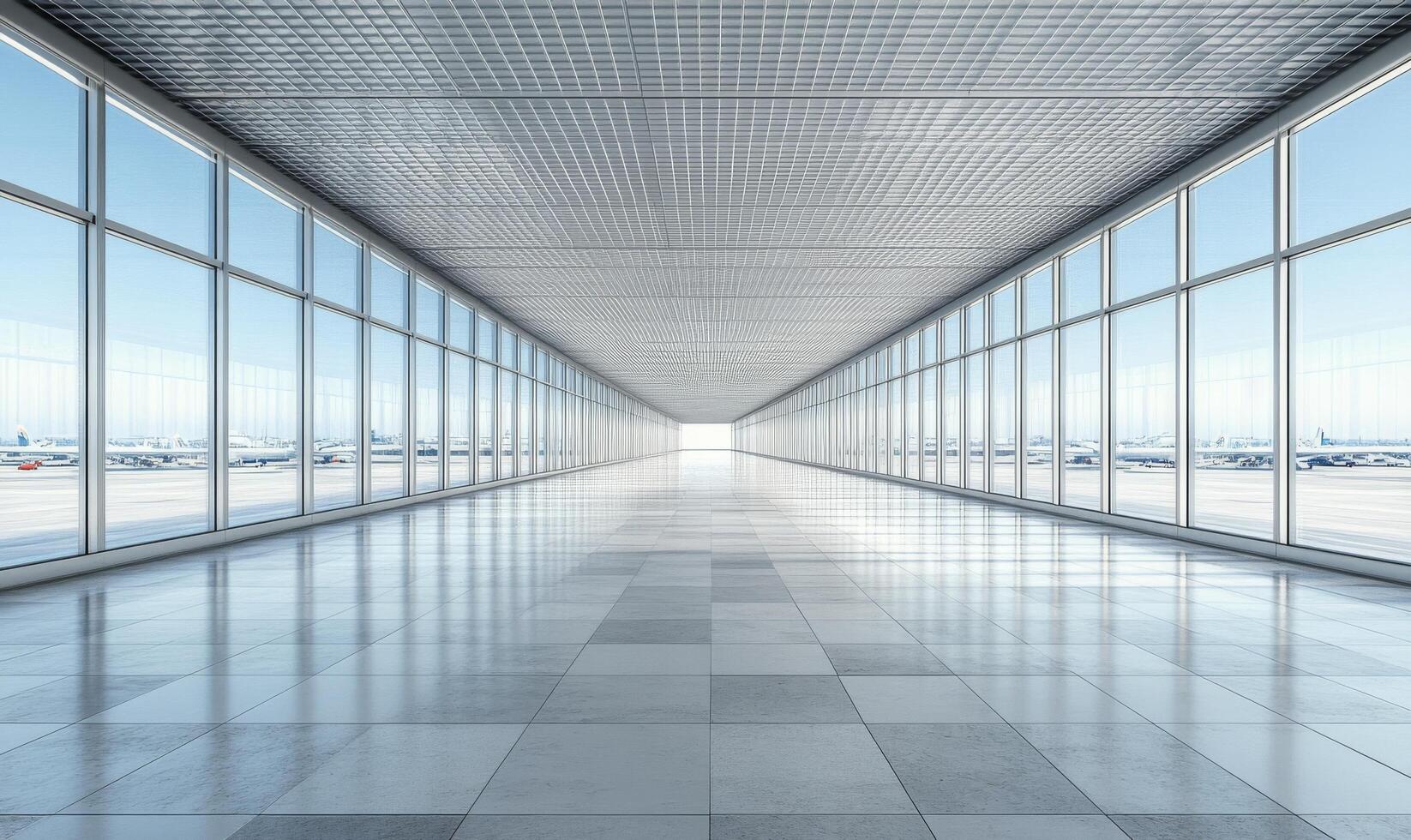 Spacious airport terminal corridor with large windows overlooking parked airplanes during daylight photo