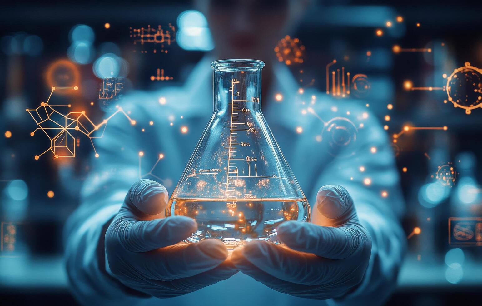 Scientist conducting experiments with a flask in a laboratory filled with digital graphics at night photo