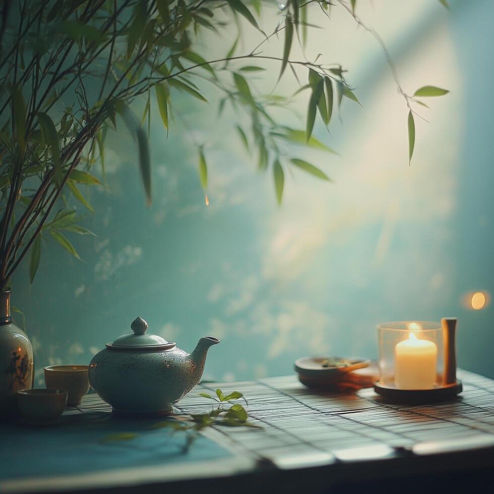 A vintage teapot with intricate designs sits on a table, illuminated by soft, warm light photo