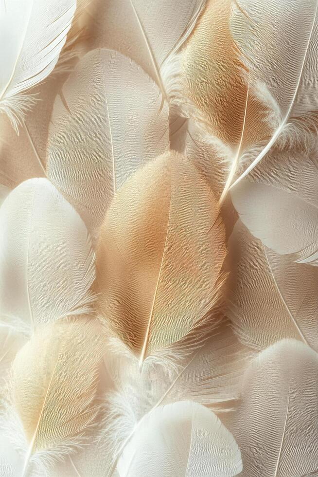 Delicate white and beige feathers arranged in a soft, textured pattern on a neutral background photo