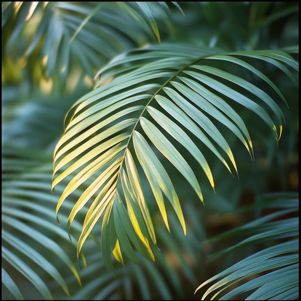 Lush green tropical plants casting shadows on a light colored wall during daylight hours photo