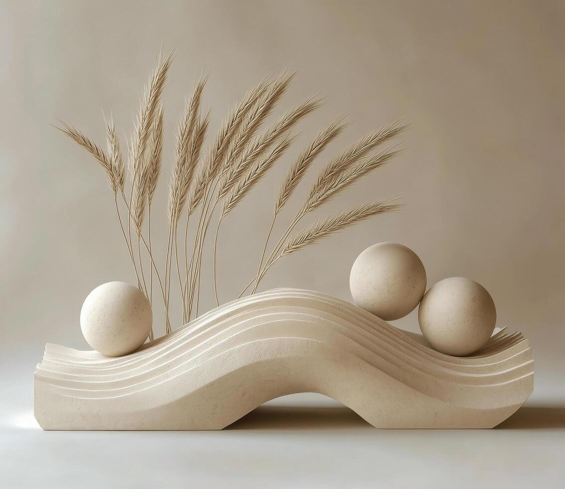 Abstract sculpture with natural elements creatively arranged on a neutral background photo