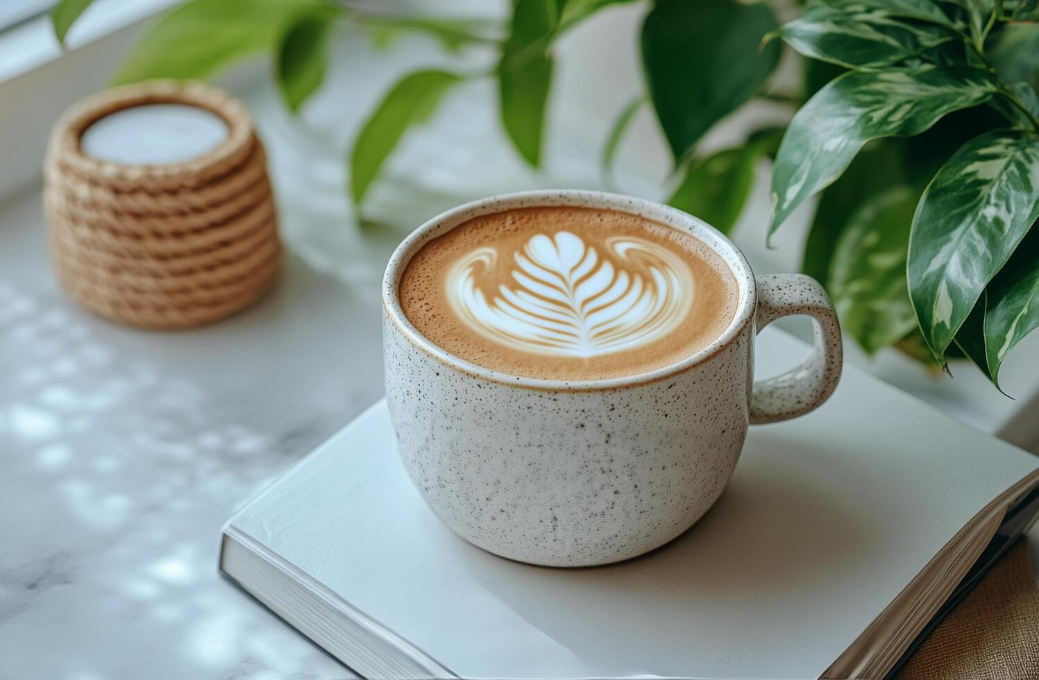 A cozy cup of latte art placed on a book next to indoor plants in a serene setting photo