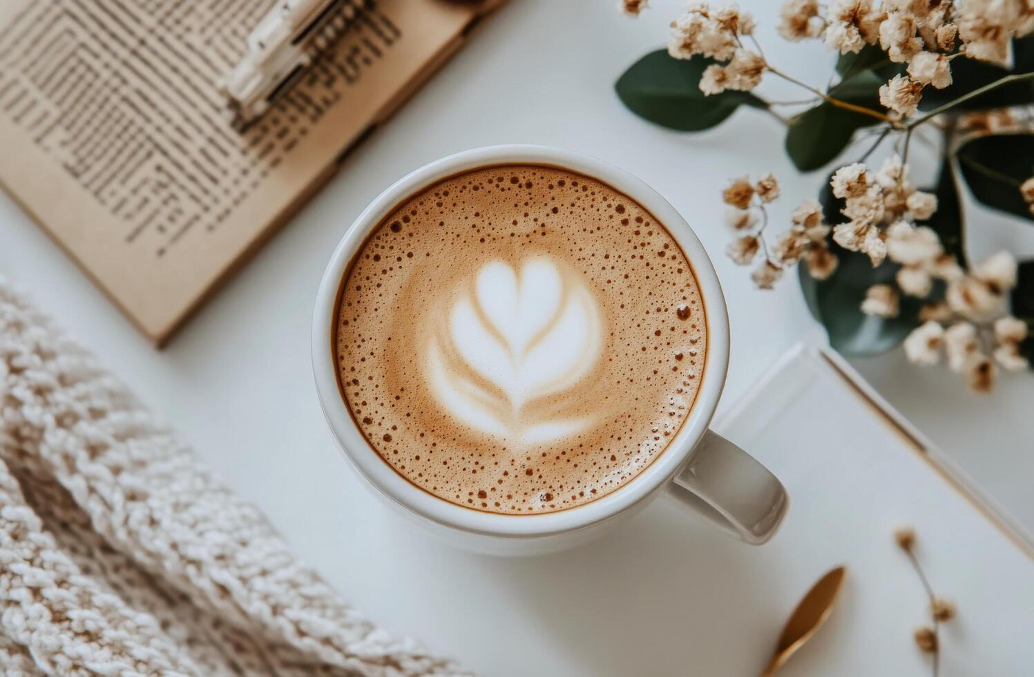 A cozy cup of latte art placed on a book next to indoor plants in a serene setting photo
