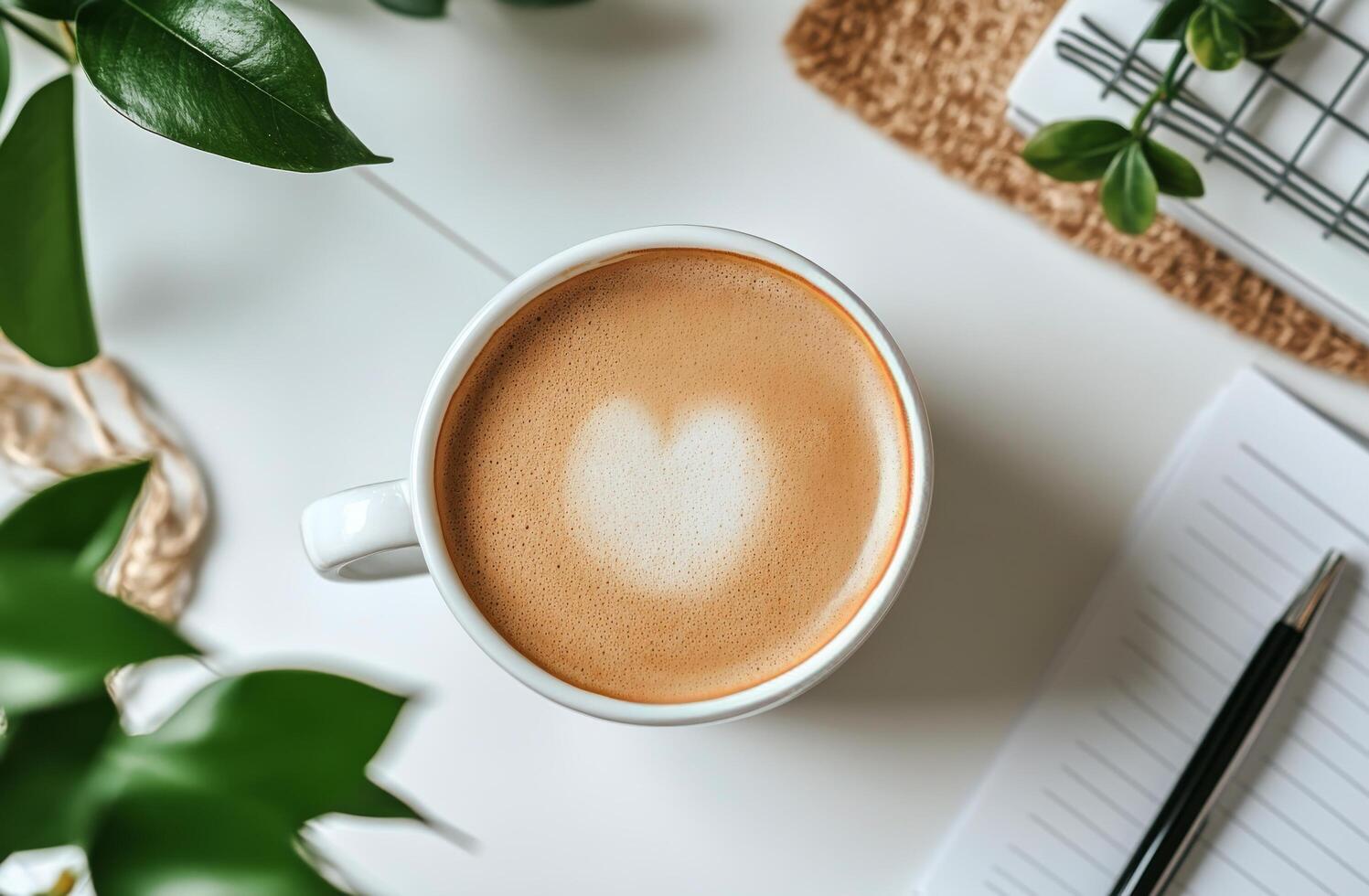A cozy cup of latte art placed on a book next to indoor plants in a serene setting photo
