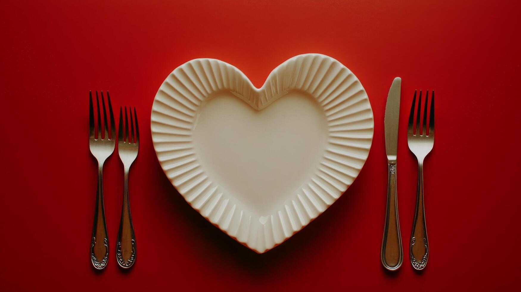Heart shaped plate with fork and knife on a red background set for a romantic dinner photo