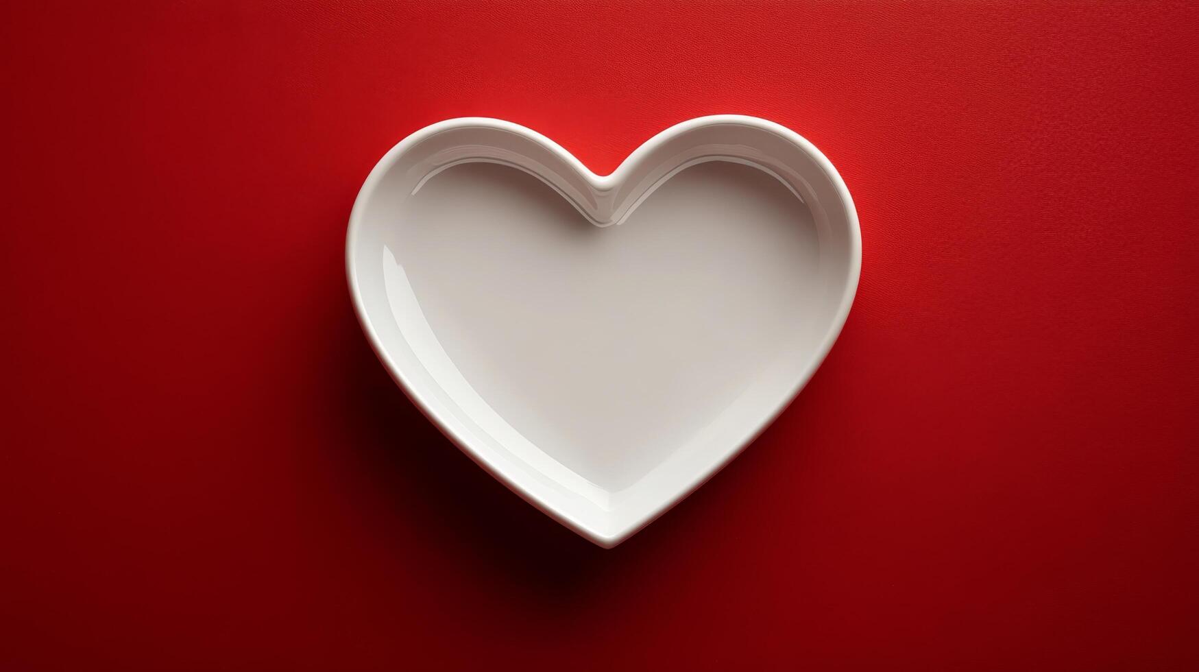 Heart shaped plate with fork and knife on a red background set for a romantic dinner photo