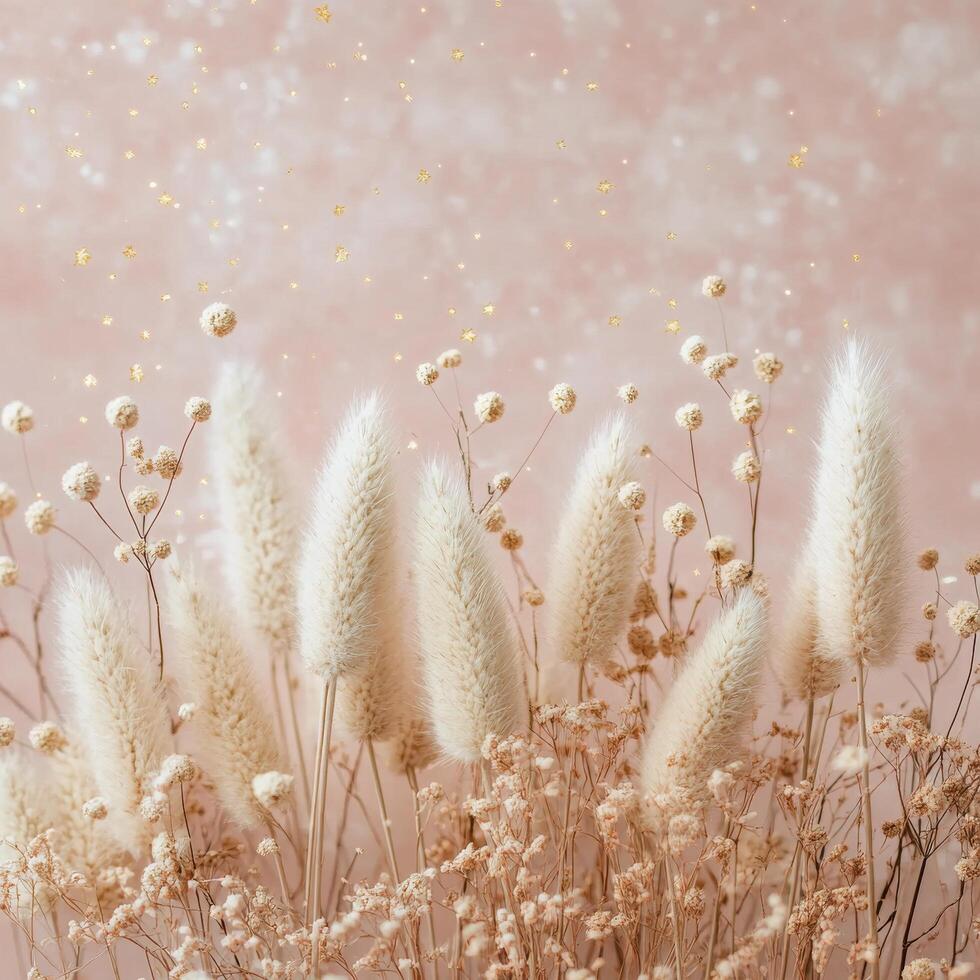 Delicate white blossoms with soft textures against a pink background and shimmering details photo
