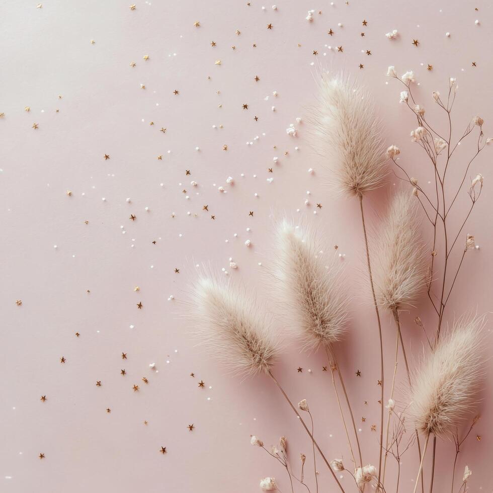 Delicate white blossoms with soft textures against a pink background and shimmering details photo