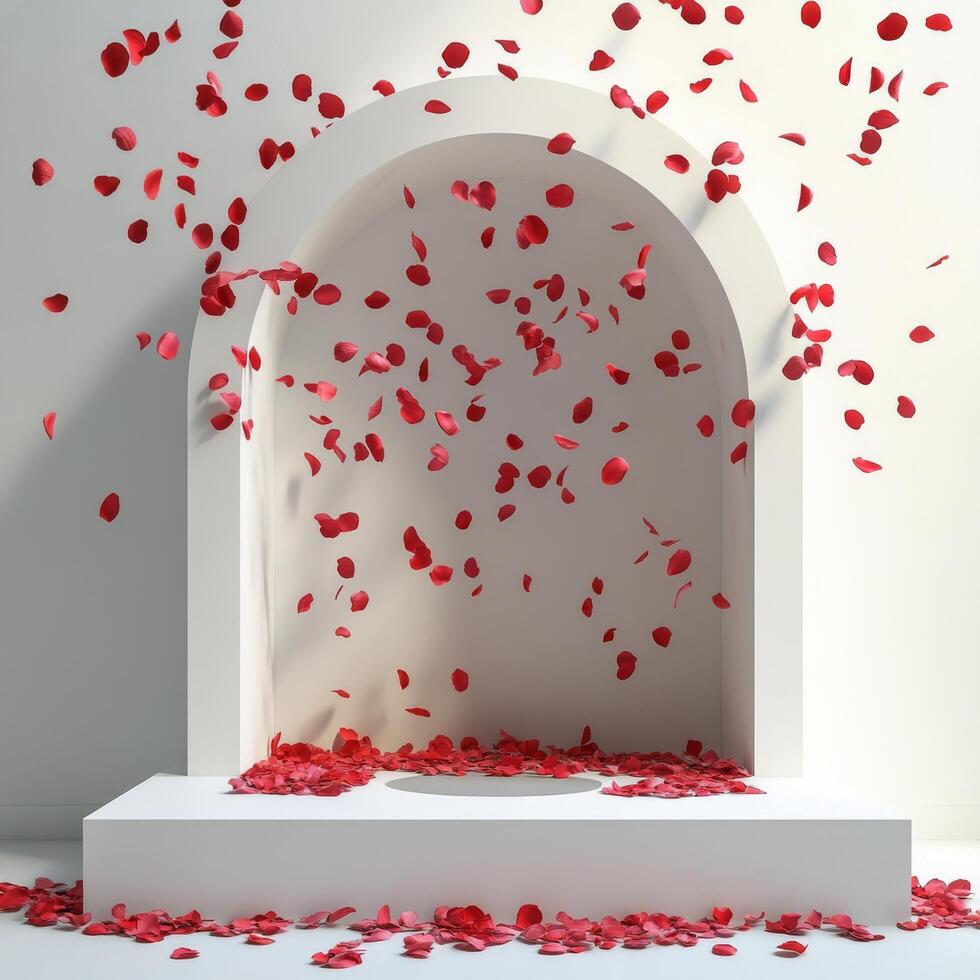 A serene display of falling rose petals in a minimalist indoor setting during daylight hours photo