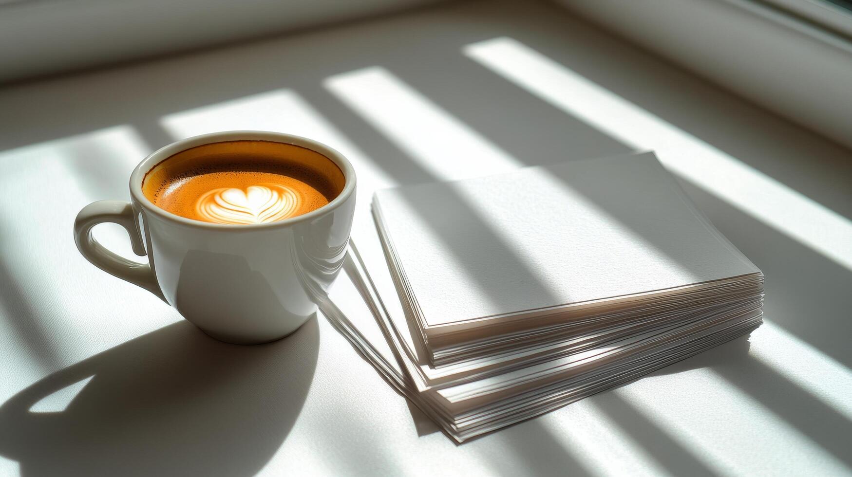 A cup of latte art placed next to a stack of blank papers on a sunlit windowsill photo