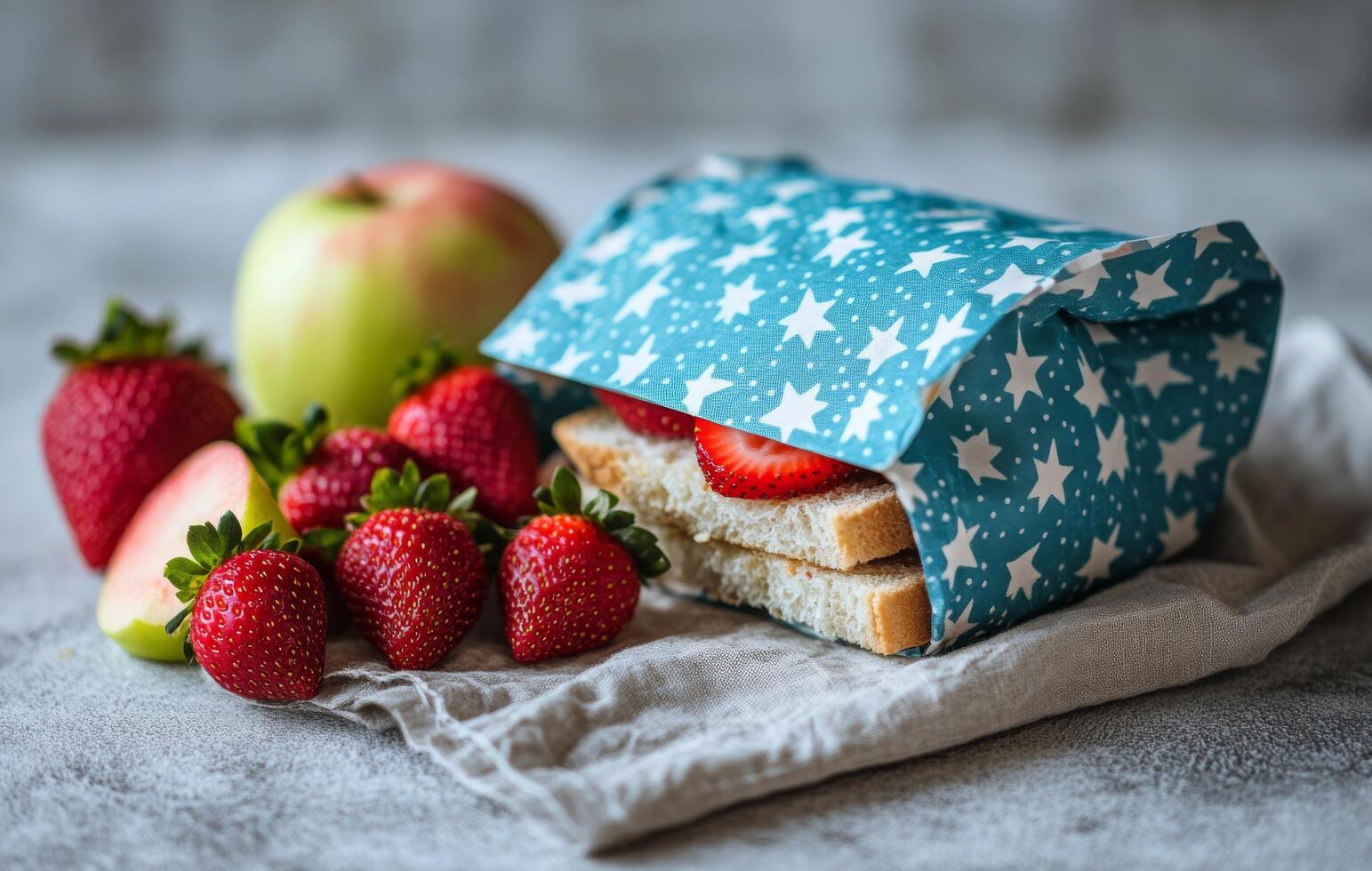 A colorful packed lunch featuring strawberries and an apple on a grey background photo