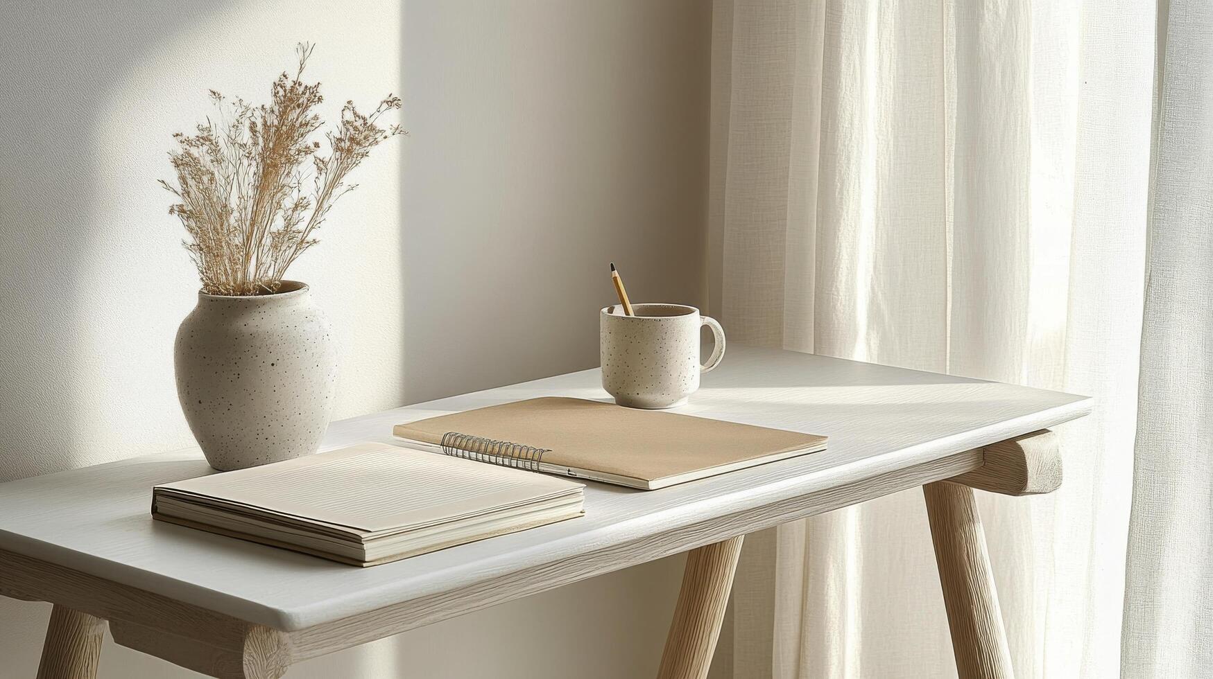 A serene workspace featuring a notebook, coffee, and dried flowers by a window in morning light photo