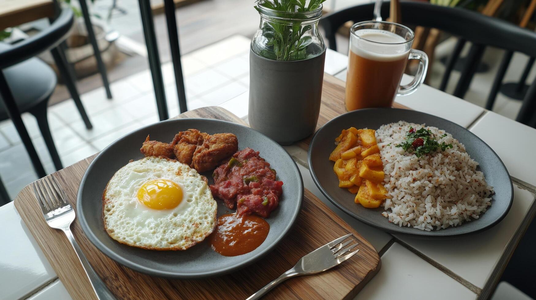 Delicious breakfast spread with rice, eggs, and chicken served at a cozy cafe photo