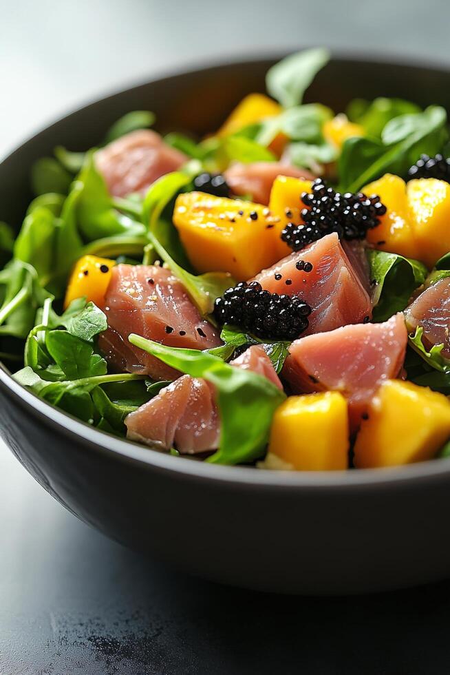 Fresh salad with salmon, mango, and black caviar served in a bowl on a table photo