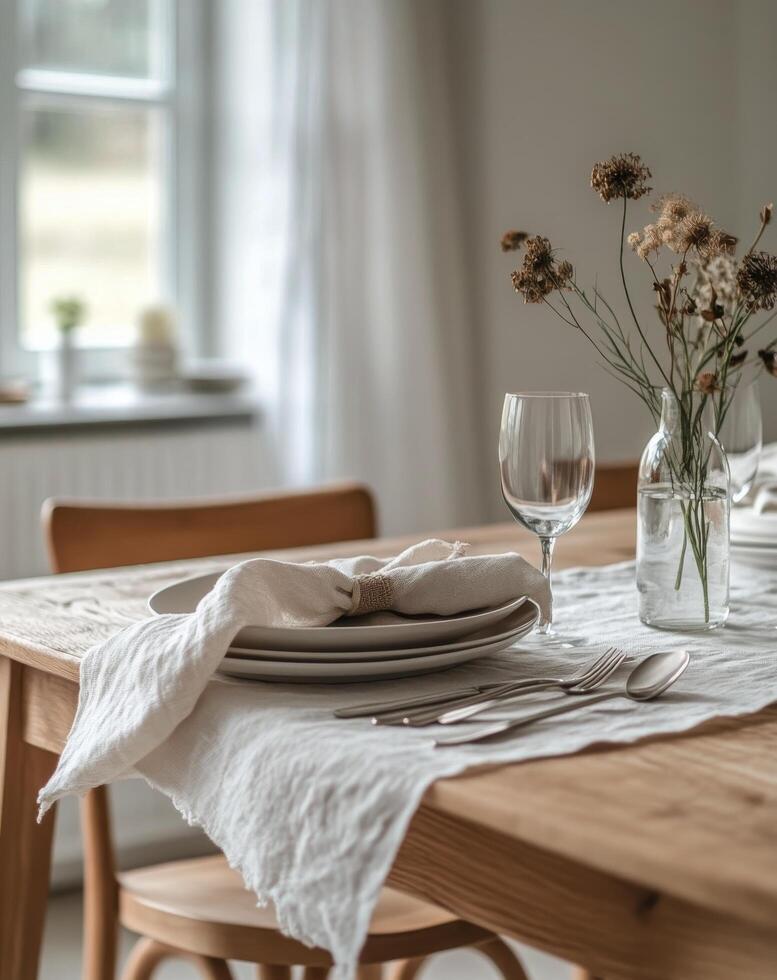 Setting a beautiful dining table with elegant cutlery and minimalistic decor in a cozy atmosphere photo