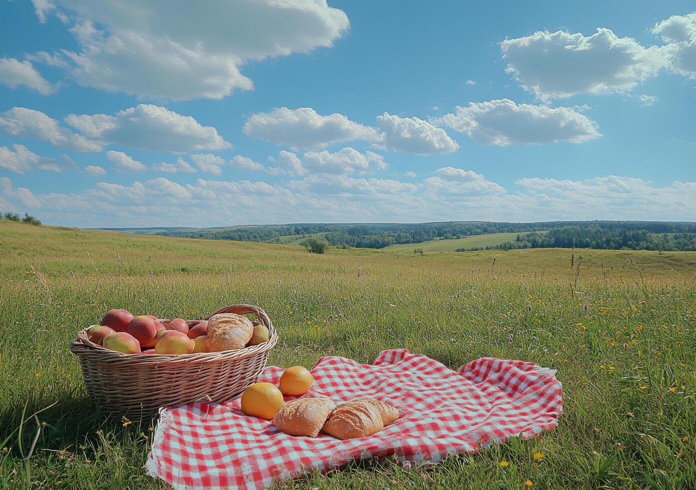 A picnic setup with fresh fruits and pastries in a sunny meadow under a blue sky photo