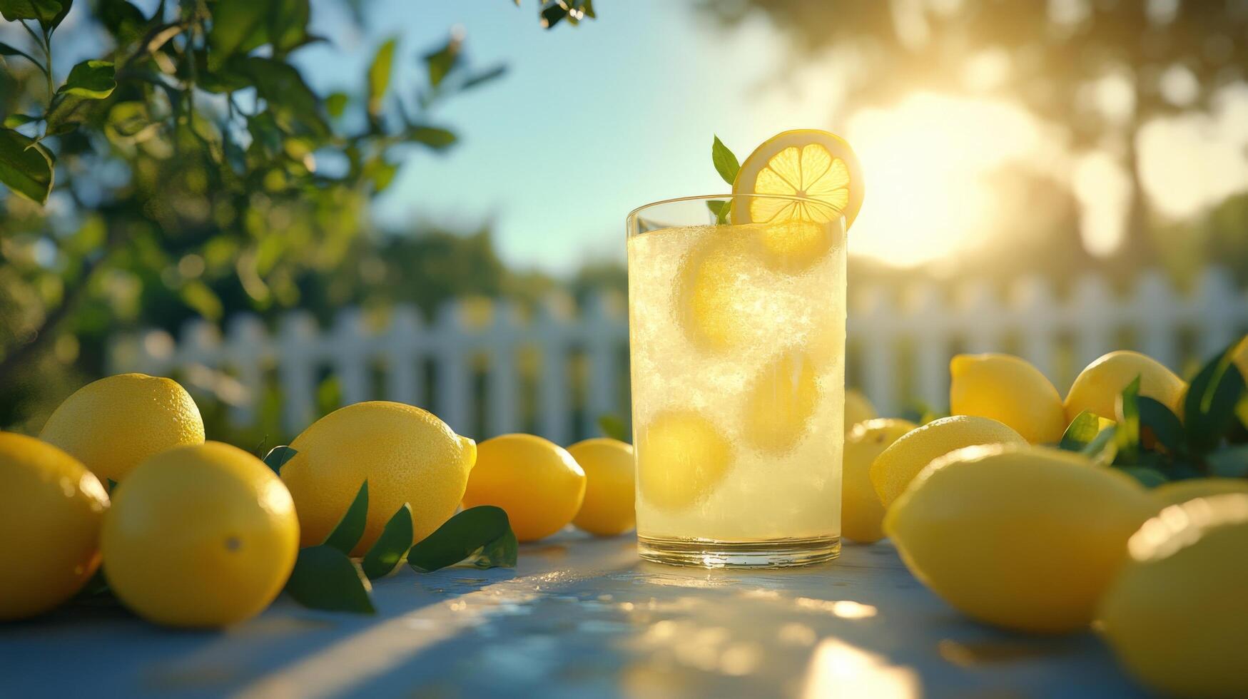Refreshing lemonade in a glass surrounded by fresh lemons in a sunny backyard setting photo