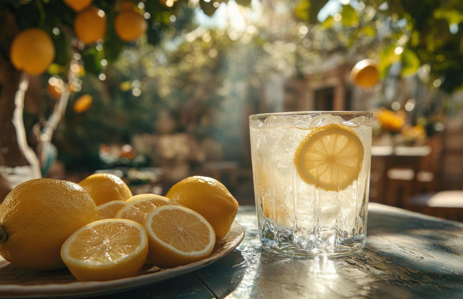Refreshing lemonade in a sunny garden with ripe lemons and a glass of citrus drink photo