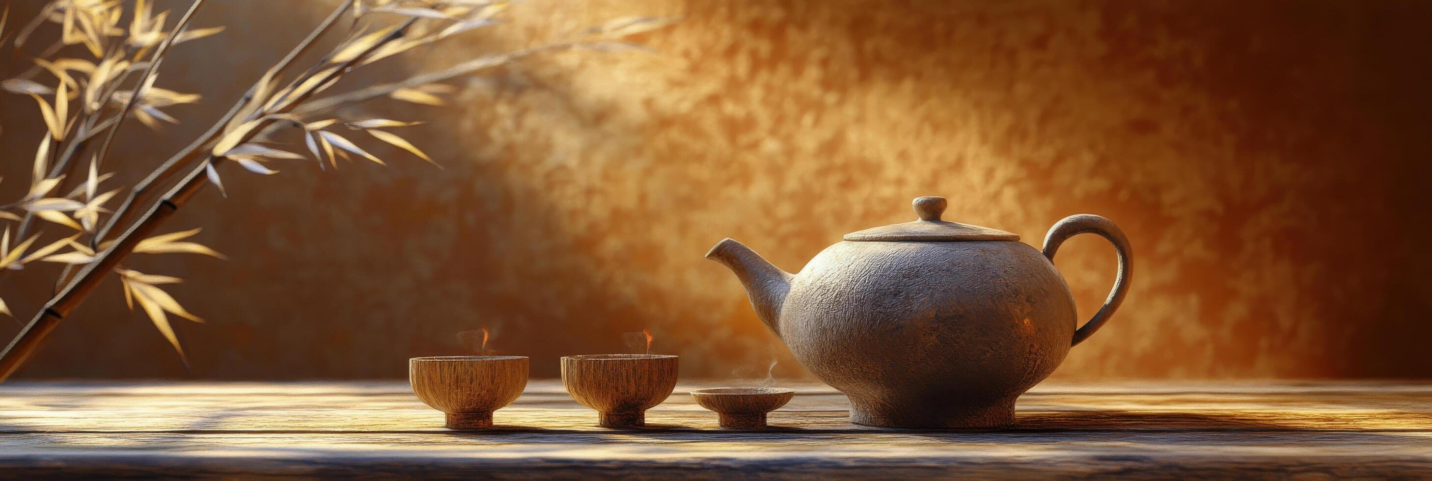Traditional tea set arranged on bamboo table with warm lighting highlighting the scene photo