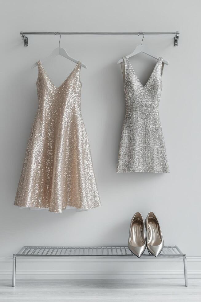 Sparkling gold dress and matching heels hanging on a rack in a stylish interior photo
