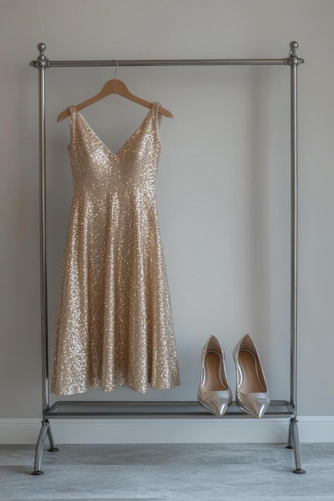 Sparkling gold dress and matching heels hanging on a rack in a stylish interior photo