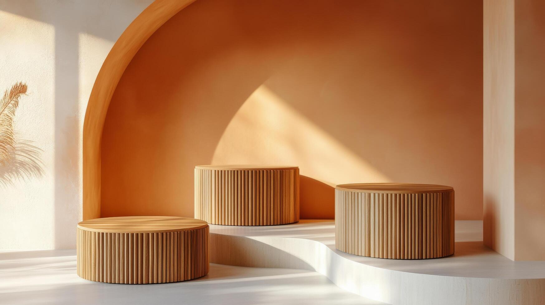 Modern minimalist display with tiered wooden platforms in a warm toned interior setting photo