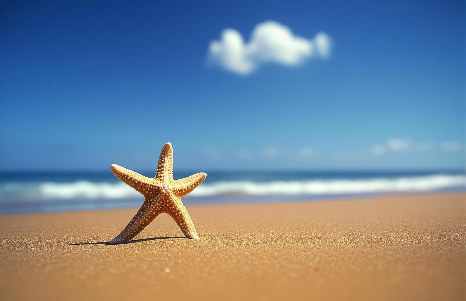 Starfish resting on a sandy beach with waves and a clear blue sky in the background photo