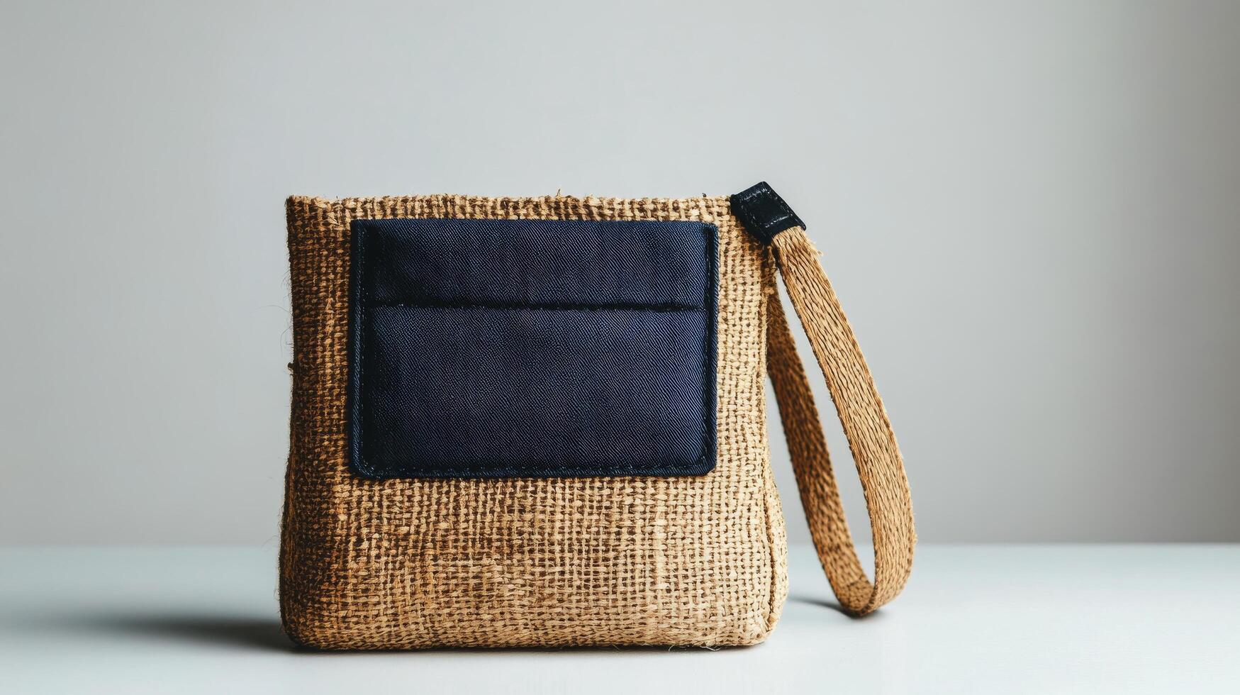 Modern woven handbag with a sleek black patch against a neutral background in a bright setting photo