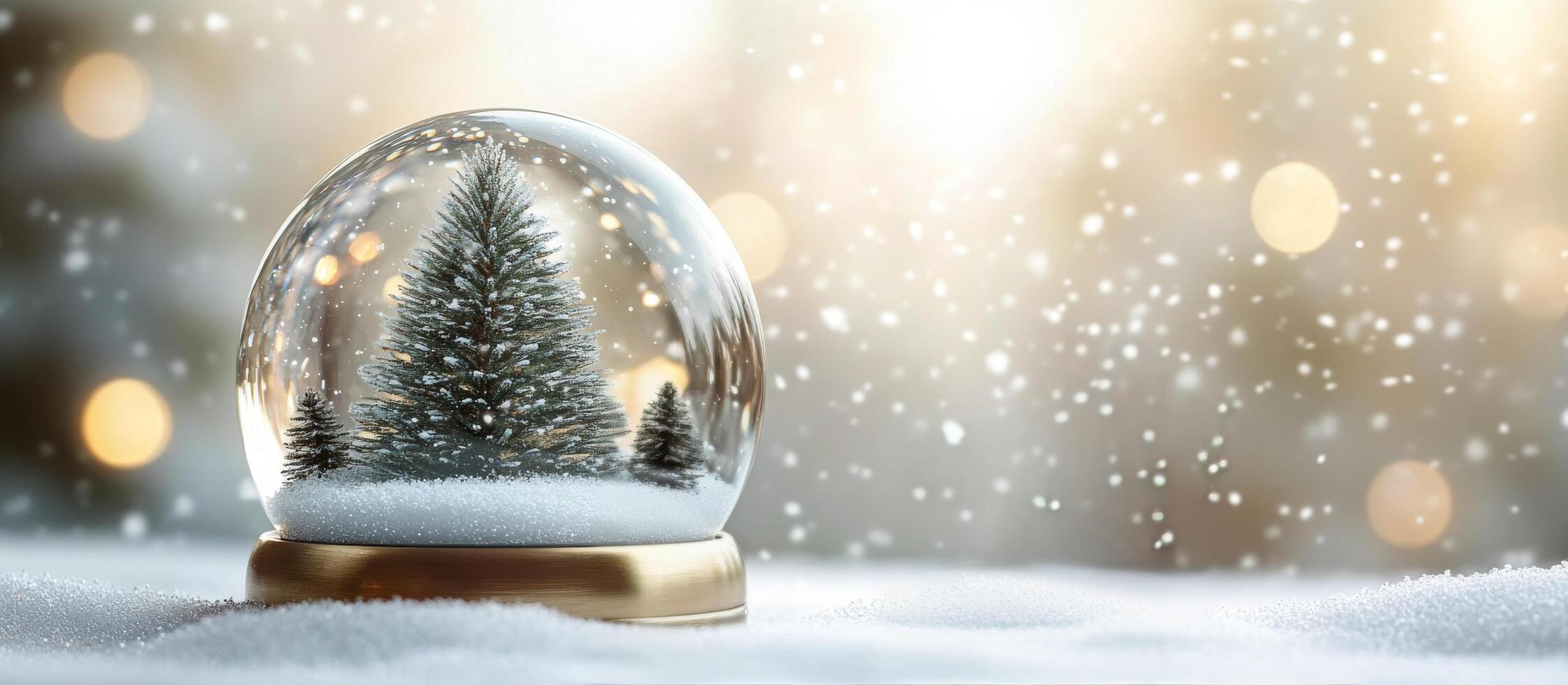 A snow globe capturing a serene winter scene with evergreens under falling snow photo