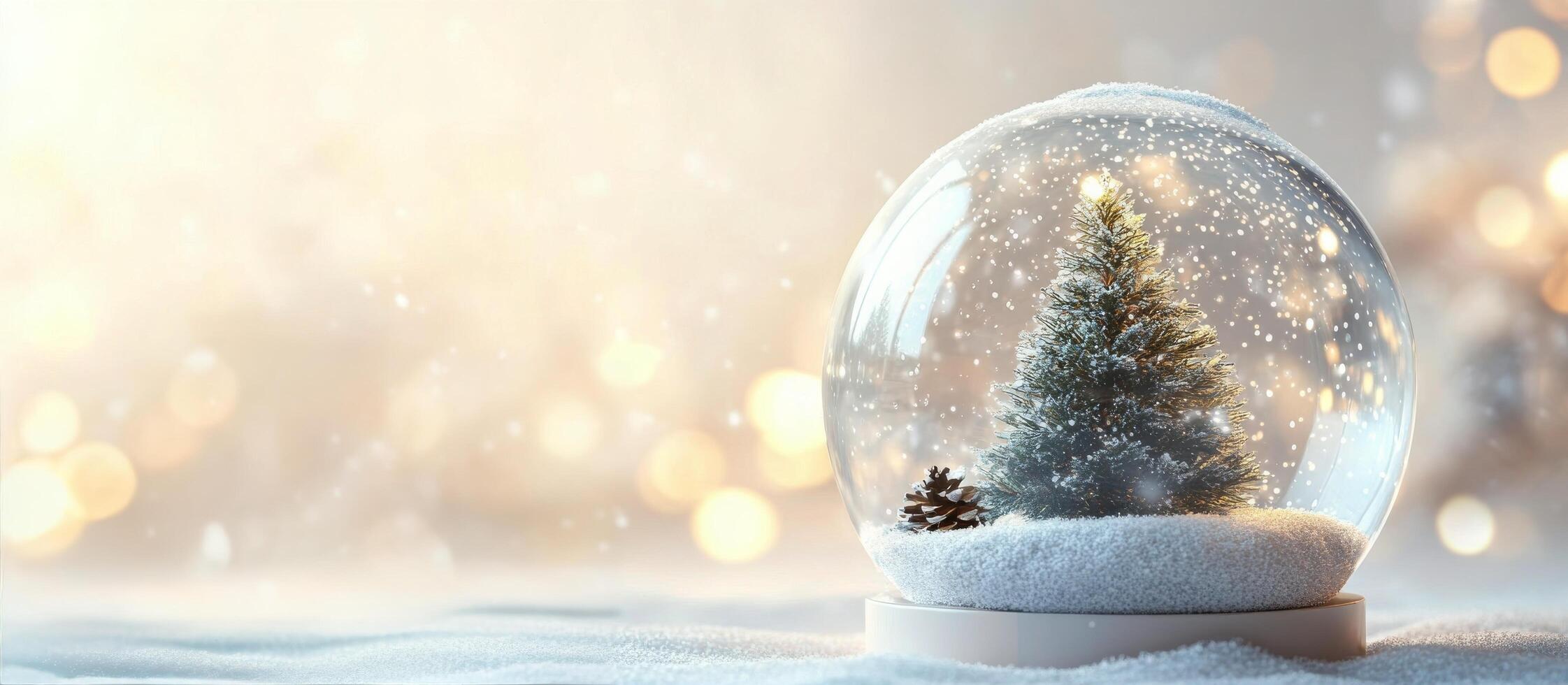 A snow globe capturing a serene winter scene with evergreens under falling snow photo
