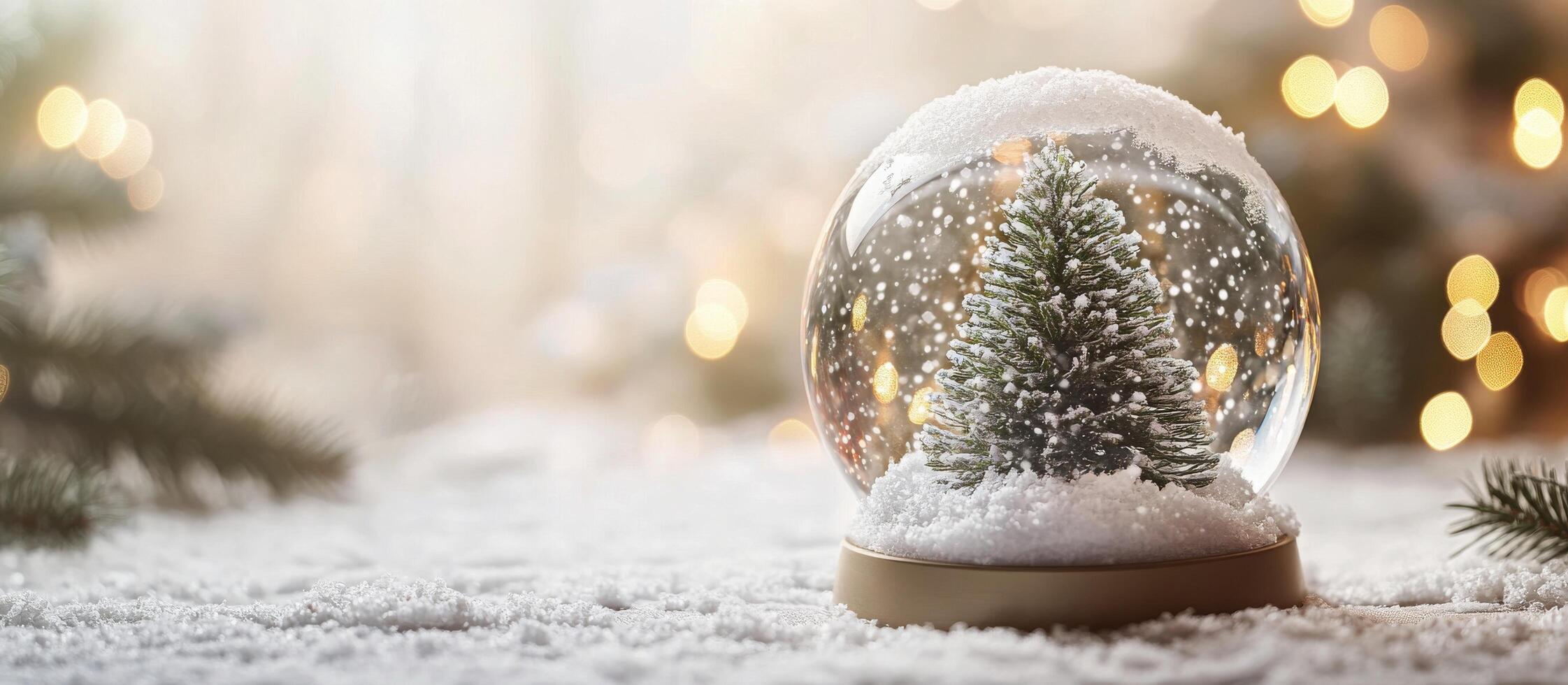 A snow globe capturing a serene winter scene with evergreens under falling snow photo