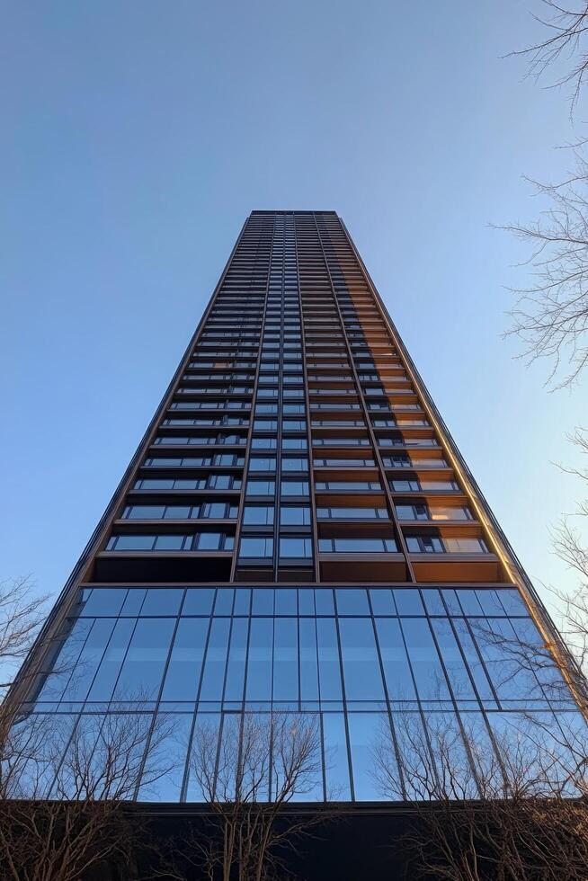 Modern skyscraper reaching towards a clear blue sky during daylight in an urban environment photo