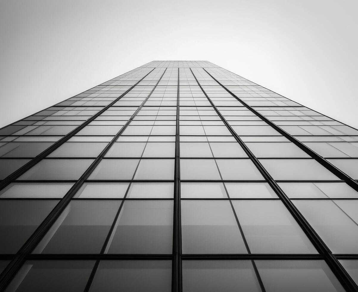 Towering skyscraper illuminated at dusk with a dramatic sky in the background photo