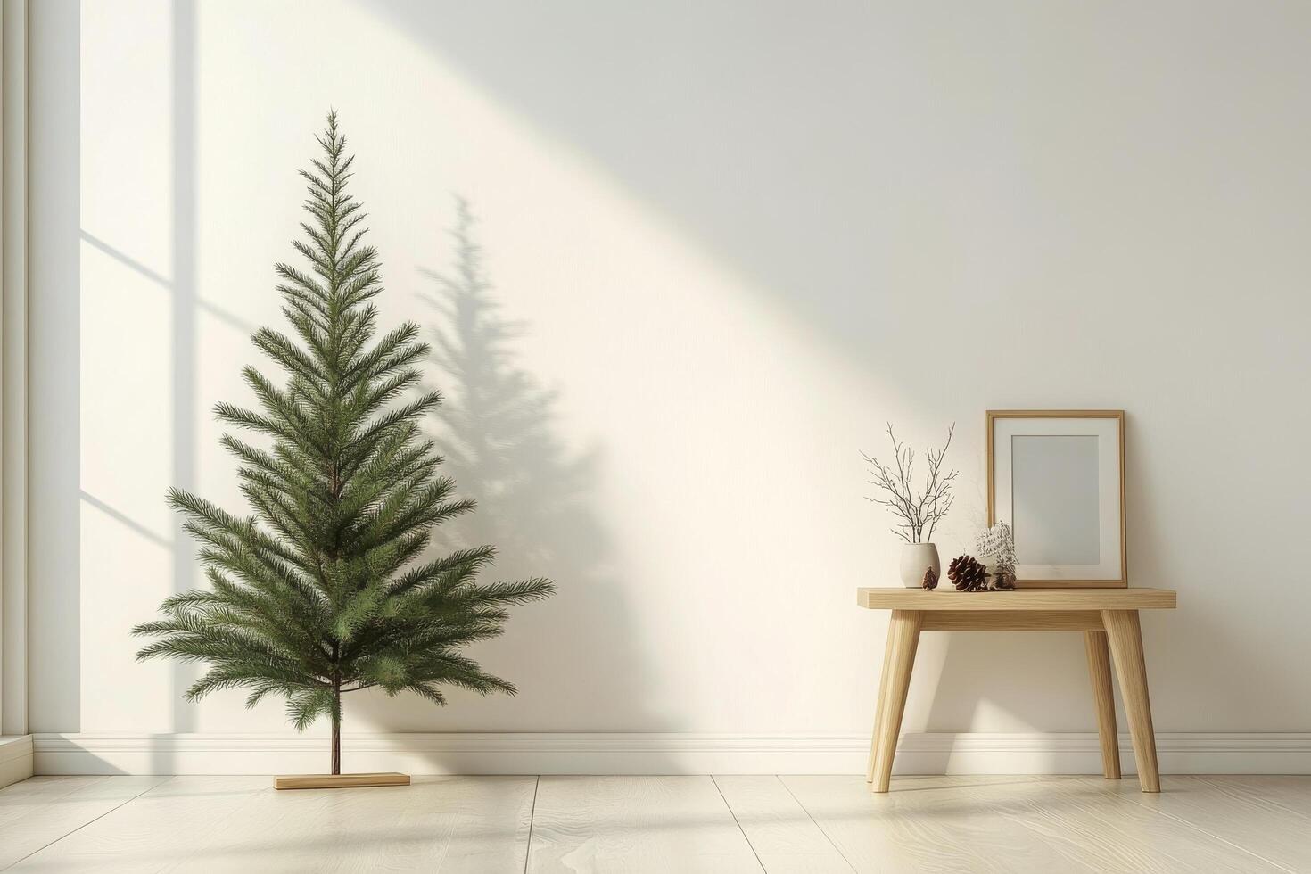 A decorated Christmas tree next to a wooden cabinet in a cozy, sunlit room during the holiday season photo