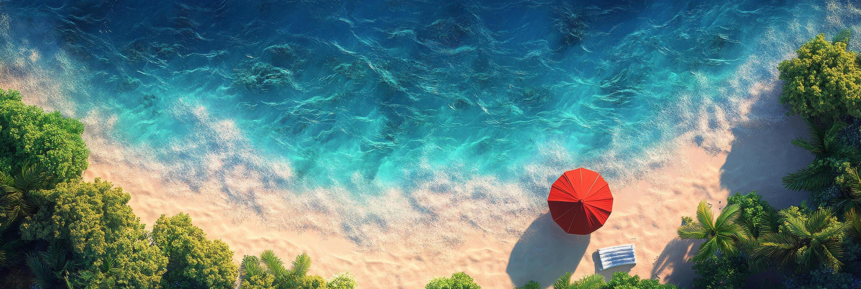 Tranquil beach with an orange umbrella and lounge chair at a tropical location photo