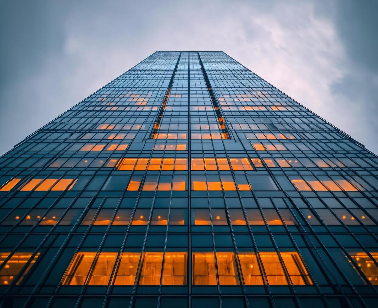 Towering skyscraper illuminated at dusk with a dramatic sky in the background photo