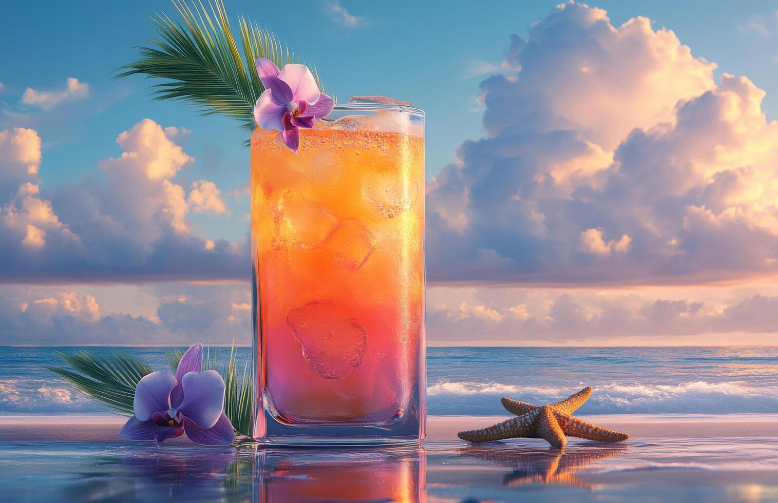 Refreshing tropical cocktail with orchids and a starfish by the beach at sunset photo