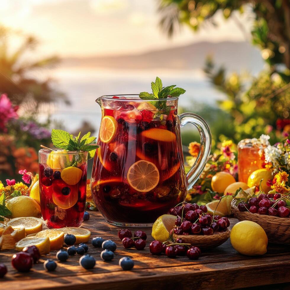 Refreshing summer fruit punch served in a glass pitcher with lemons and berries on a colorful table photo