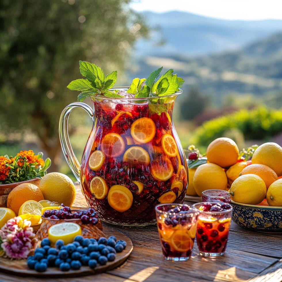 Refreshing summer fruit punch served in a glass pitcher with lemons and berries on a colorful table photo