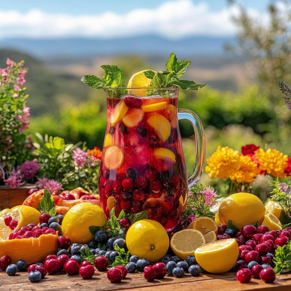 Refreshing summer fruit punch served in a glass pitcher with lemons and berries on a colorful table photo