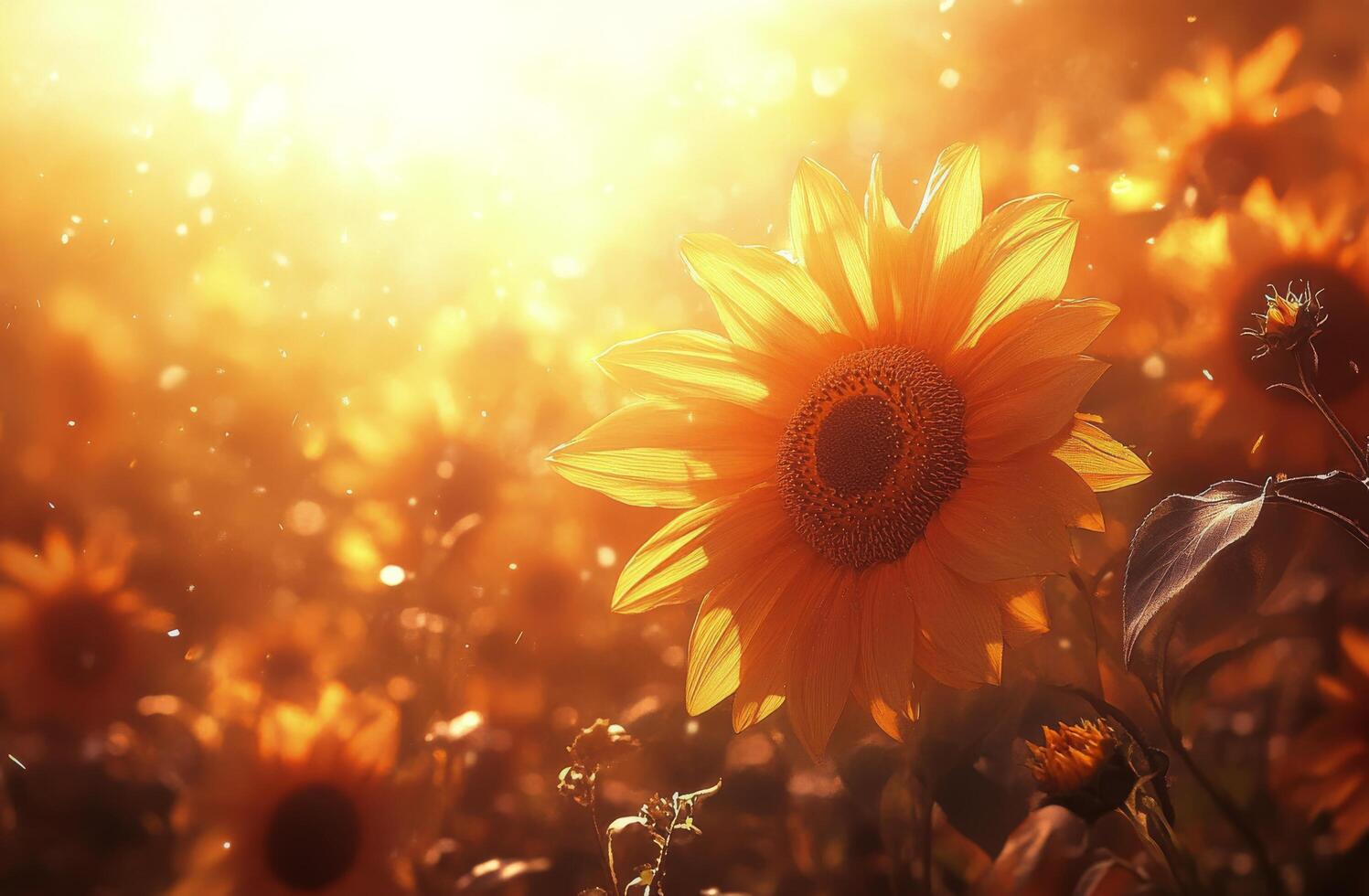 Sunflowers blooming in a golden field during sunset with sunlight filtering through petals photo