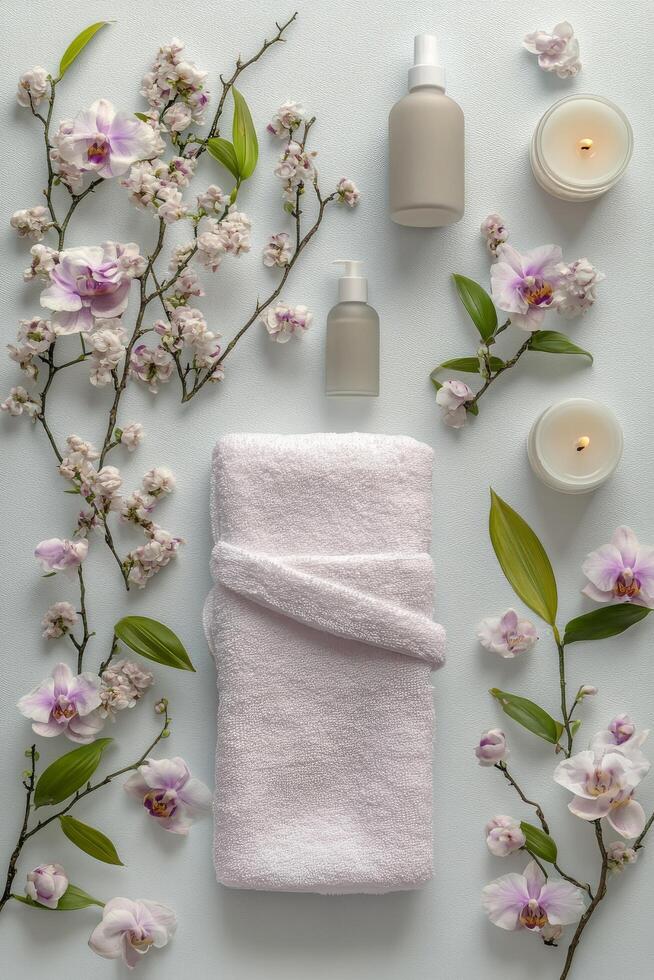 Elegant spa arrangement with towels, candles, and floral decorations set on a soft backdrop photo