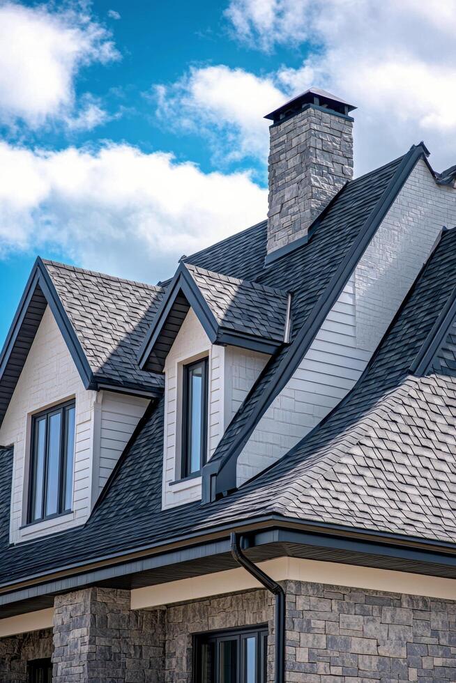 Modern residential roof design with intricate architecture and stone accents under a bright sky photo