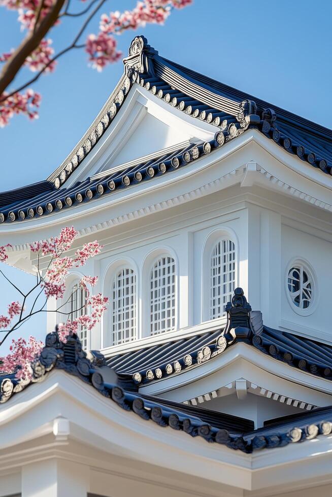 Modern residential roof design with intricate architecture and stone accents under a bright sky photo